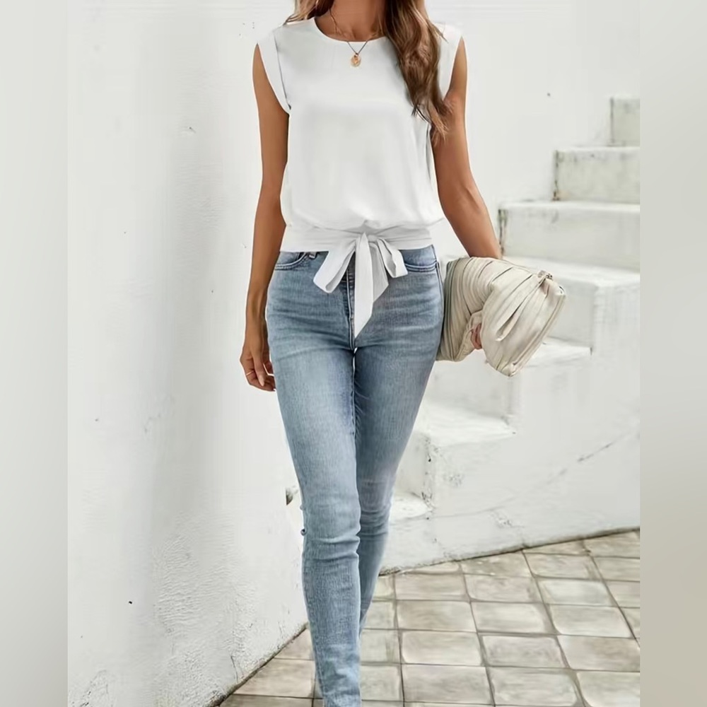 Passion Keyhole Back Tie Front Blouse, Casual Crew Neck Blouse - Picture 4 of 9